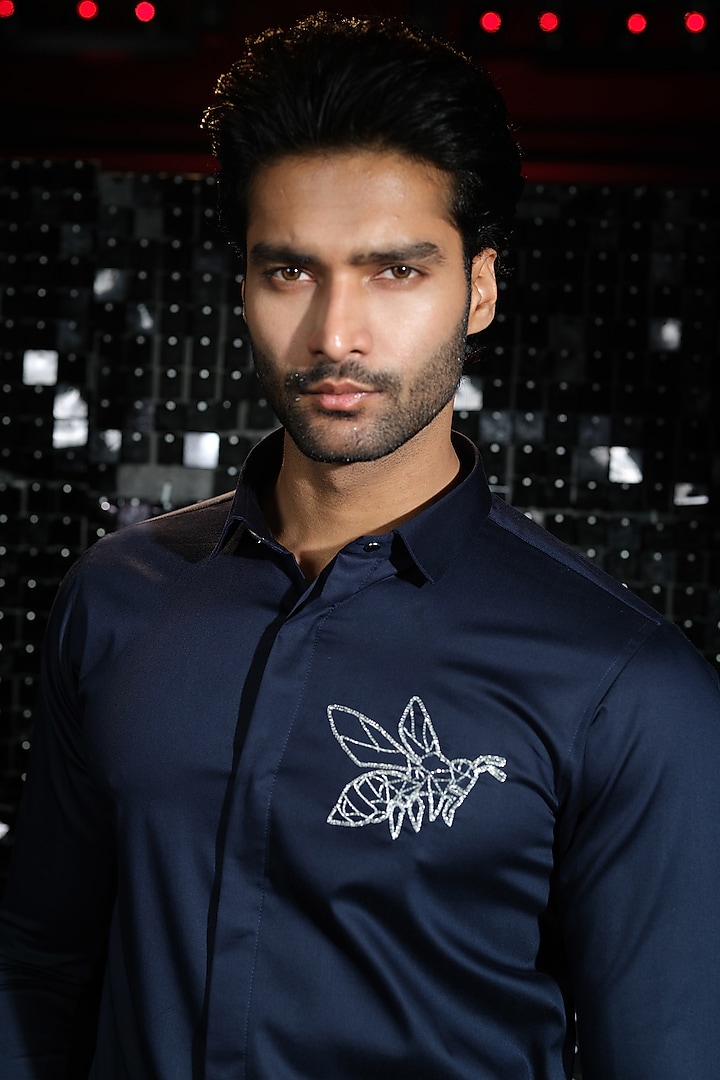 Navy Blue Stretchable Cotton Bee Hand Embroidered Party Wear Shirt by SANJANA REDDY MEN at Pernia's Pop Up Shop