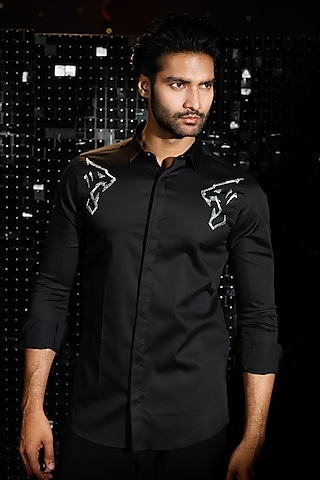 Black Stretchable Cotton Panther Hand Embroidered Shirt by SANJANA REDDY MEN