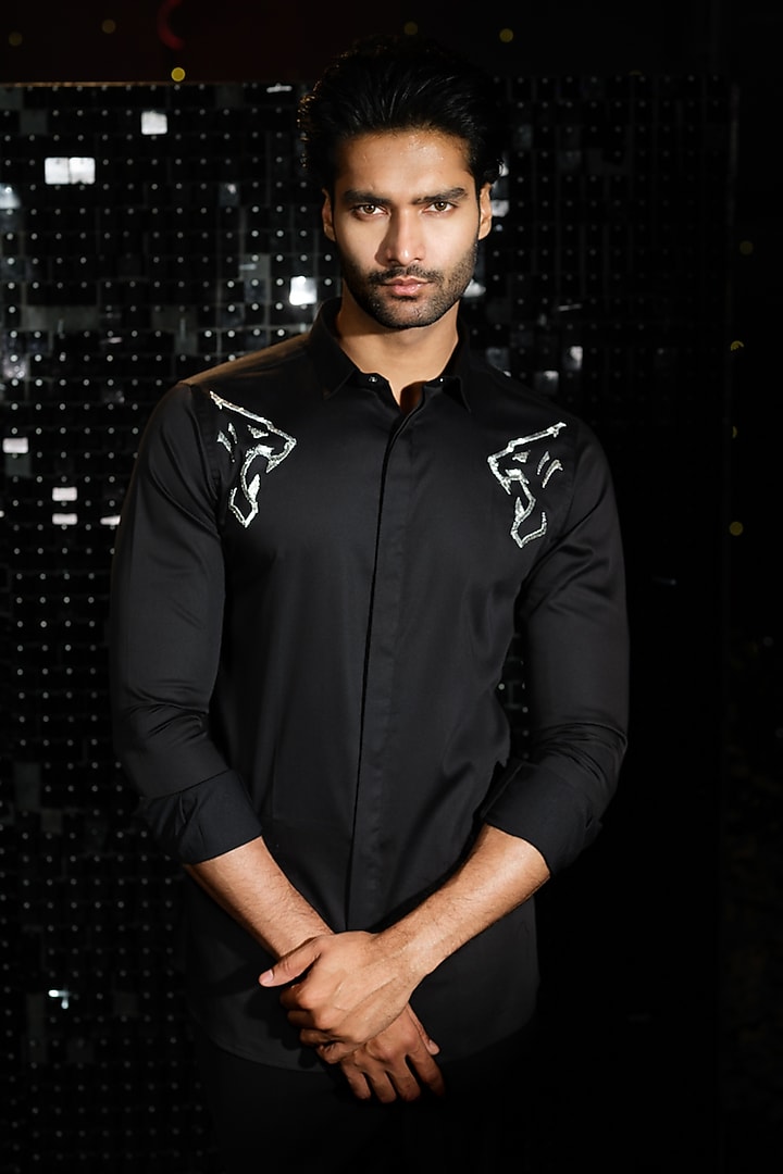 Black Stretchable Cotton Panther Hand Embroidered Party Wear Shirt by SANJANA REDDY MEN at Pernia's Pop Up Shop
