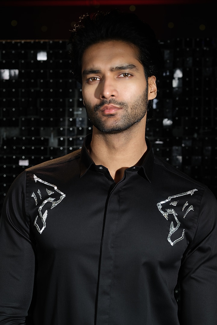 Black Stretchable Cotton Panther Hand Embroidered Party Wear Shirt by SANJANA REDDY MEN at Pernia's Pop Up Shop
