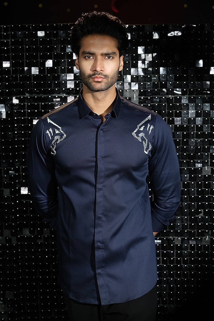 Navy Blue  Stretchable Cotton Panther Hand Embroidered Shirt by SANJANA REDDY MEN