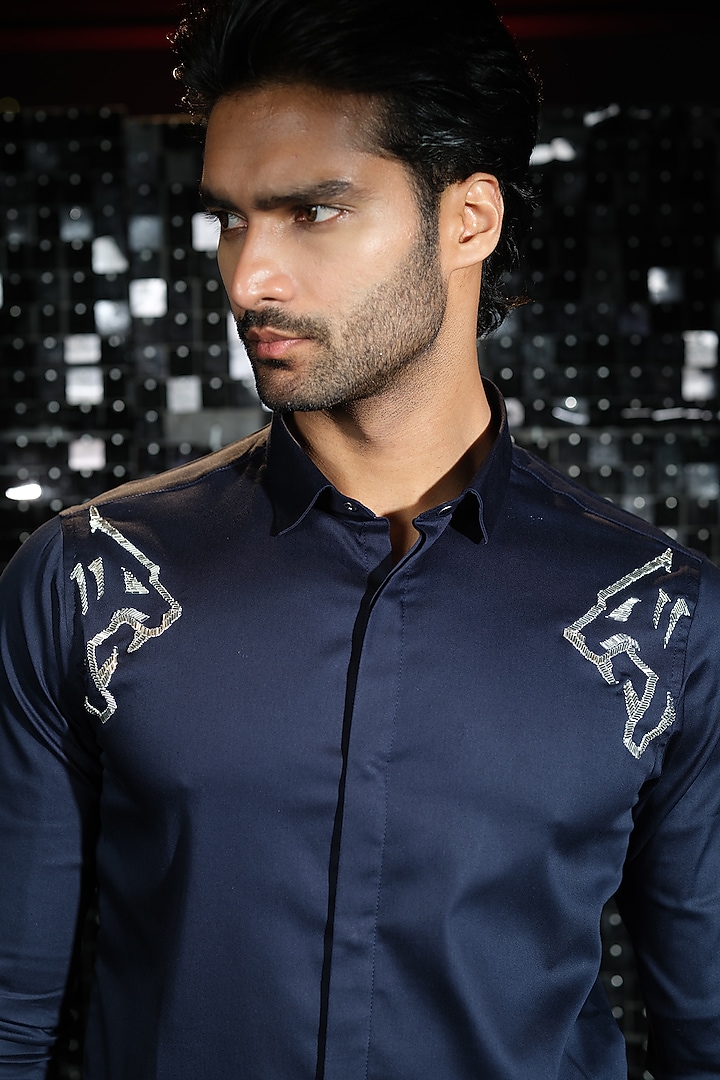 Navy Blue  Stretchable Cotton Panther Hand Embroidered Party Wear Shirt by SANJANA REDDY MEN at Pernia's Pop Up Shop