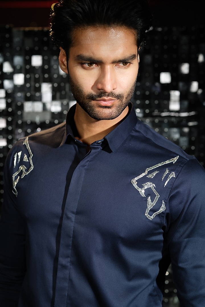 Navy Blue  Stretchable Cotton Panther Hand Embroidered Party Wear Shirt by SANJANA REDDY MEN at Pernia's Pop Up Shop