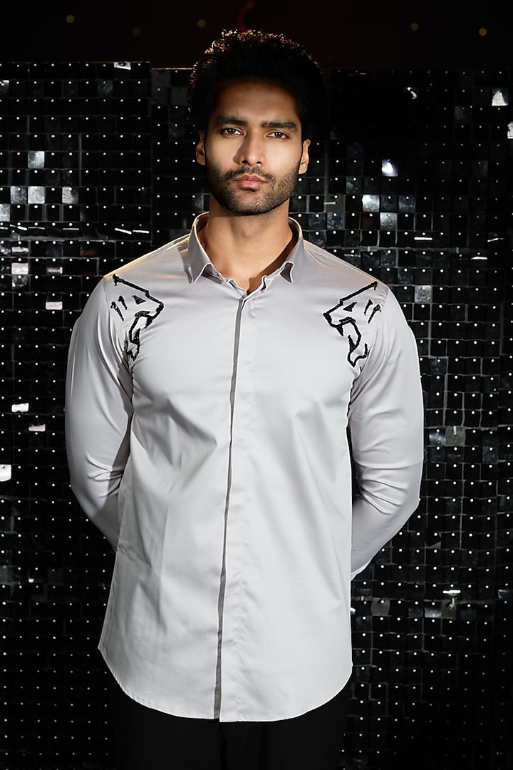 Grey Stretchable Cotton Panther Hand Embroidered Shirt by SANJANA REDDY MEN