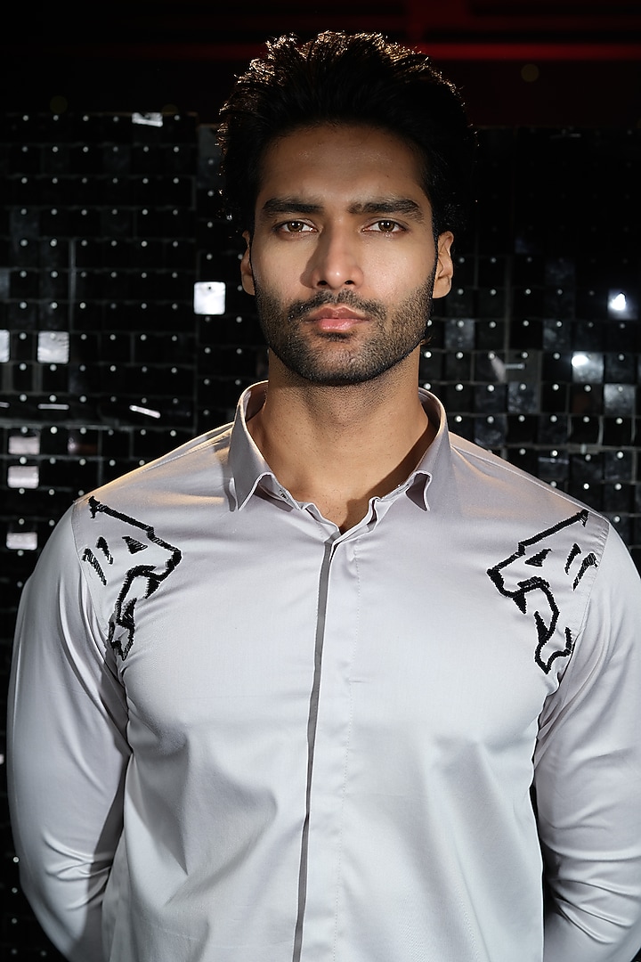 Grey Stretchable Cotton Panther Hand Embroidered Party Wear Shirt by SANJANA REDDY MEN at Pernia's Pop Up Shop