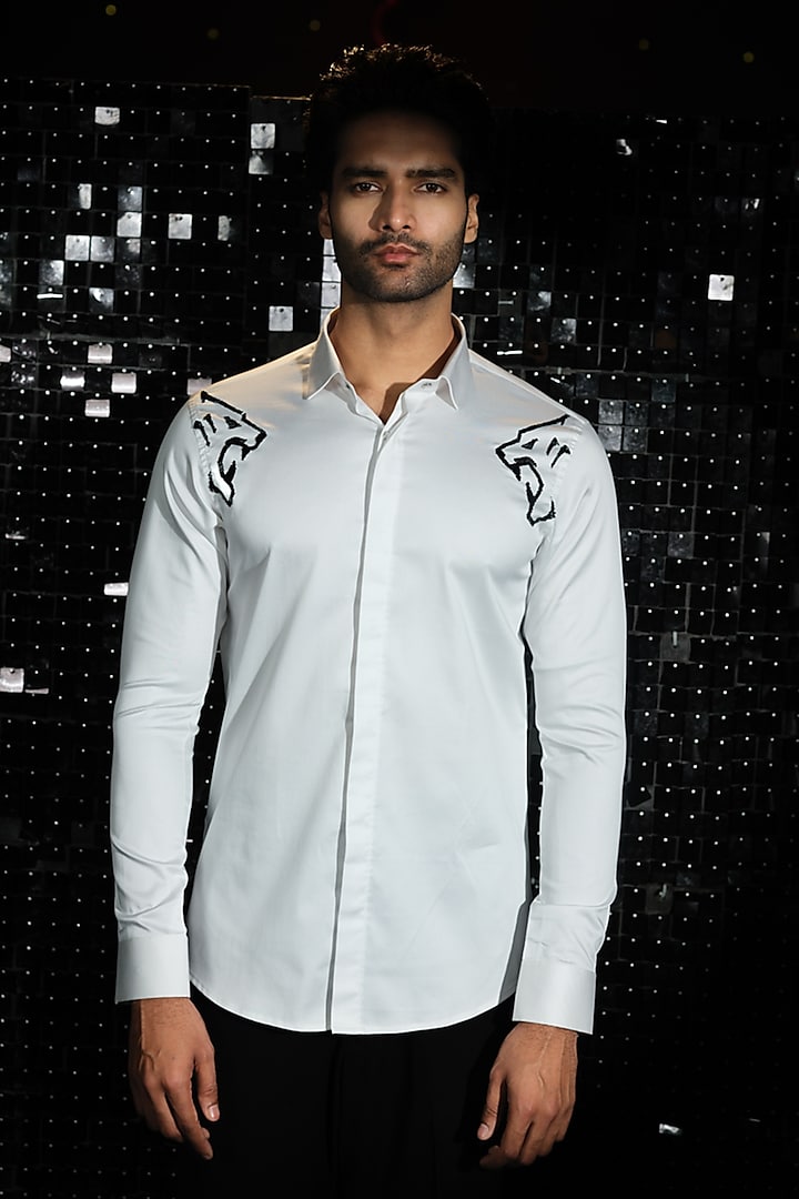 White Stretchable Cotton Panther Hand Embroidered Shirt by SANJANA REDDY MEN