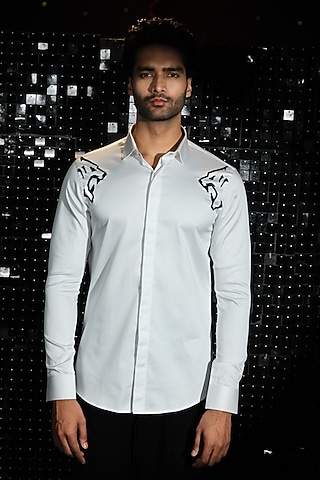 White Stretchable Cotton Panther Hand Embroidered Shirt by SANJANA REDDY MEN