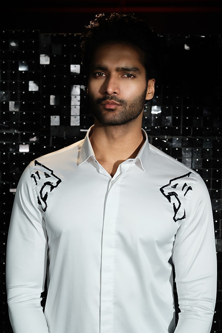White Stretchable Cotton Panther Hand Embroidered Party Wear Shirt by SANJANA REDDY MEN at Pernia's Pop Up Shop