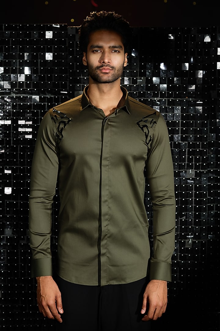 Olive Green Stretchable Cotton Panther Hand Embroidered Shirt by SANJANA REDDY MEN