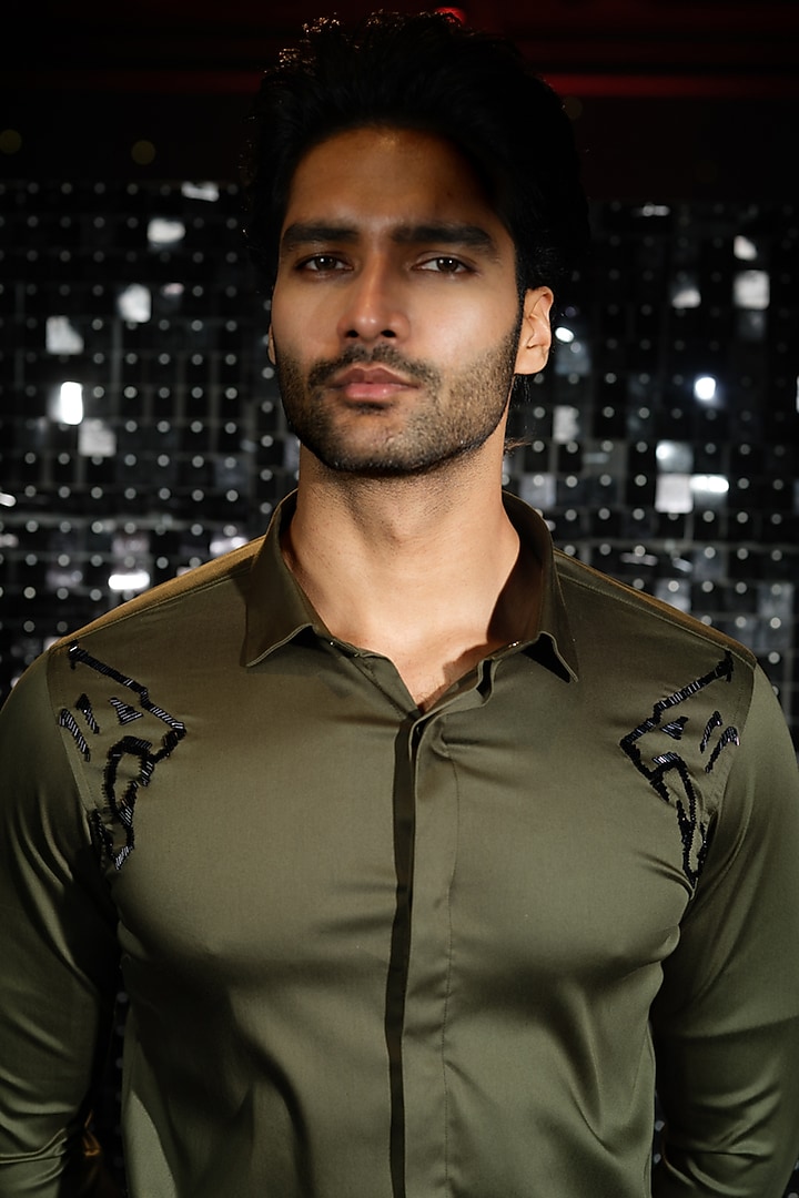 Olive Green Stretchable Cotton Panther Hand Embroidered Party Wear Shirt by SANJANA REDDY MEN at Pernia's Pop Up Shop