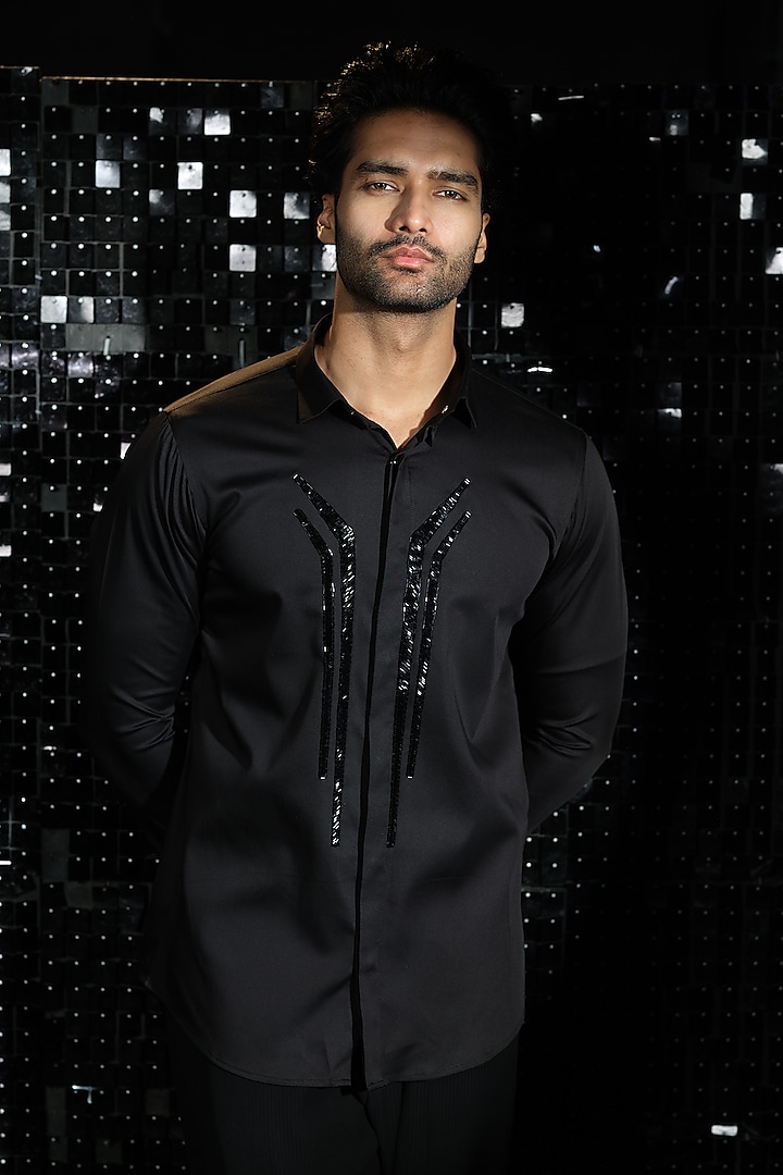 Black Stretchable Cotton Hand Embroidered Shirt by SANJANA REDDY MEN