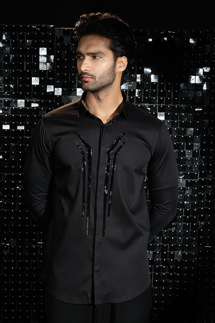 Black Stretchable Cotton Hand Embroidered Party Wear Shirt by SANJANA REDDY MEN at Pernia's Pop Up Shop