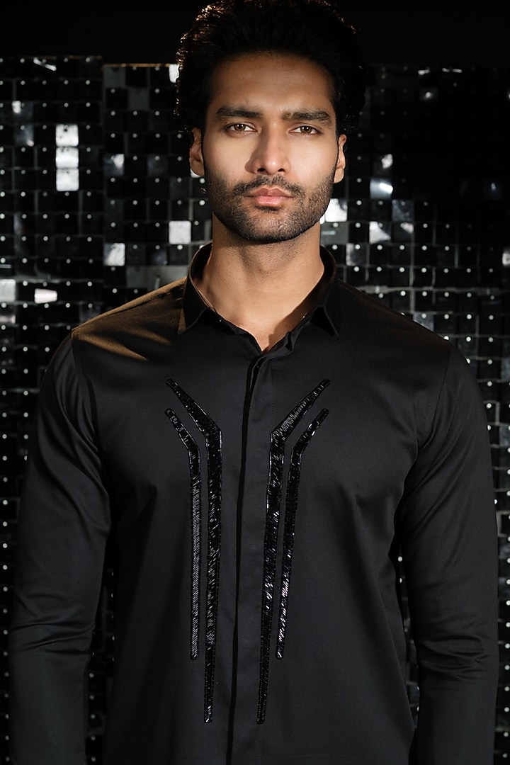 Black Stretchable Cotton Hand Embroidered Party Wear Shirt by SANJANA REDDY MEN at Pernia's Pop Up Shop