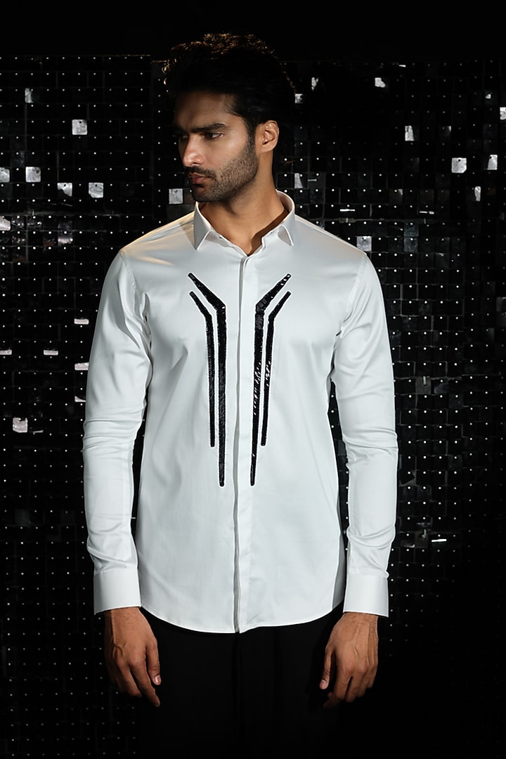 White Stretchable Cotton Hand Embroidered Shirt by SANJANA REDDY MEN