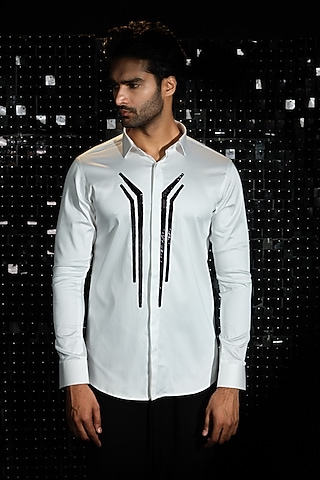 White Stretchable Cotton Hand Embroidered Shirt by SANJANA REDDY MEN