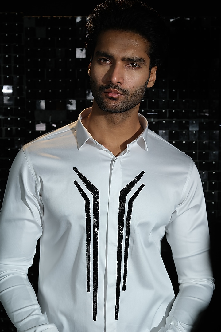 White Stretchable Cotton Hand Embroidered Party Wear Shirt by SANJANA REDDY MEN at Pernia's Pop Up Shop