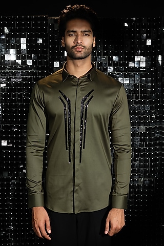 Olive Green Stretchable Cotton Hand Embroidered Shirt by SANJANA REDDY MEN