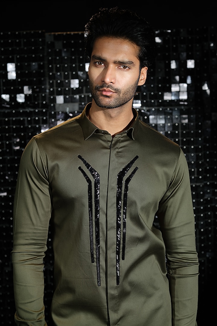 Olive Green Stretchable Cotton Hand Embroidered Party Wear Shirt by SANJANA REDDY MEN at Pernia's Pop Up Shop