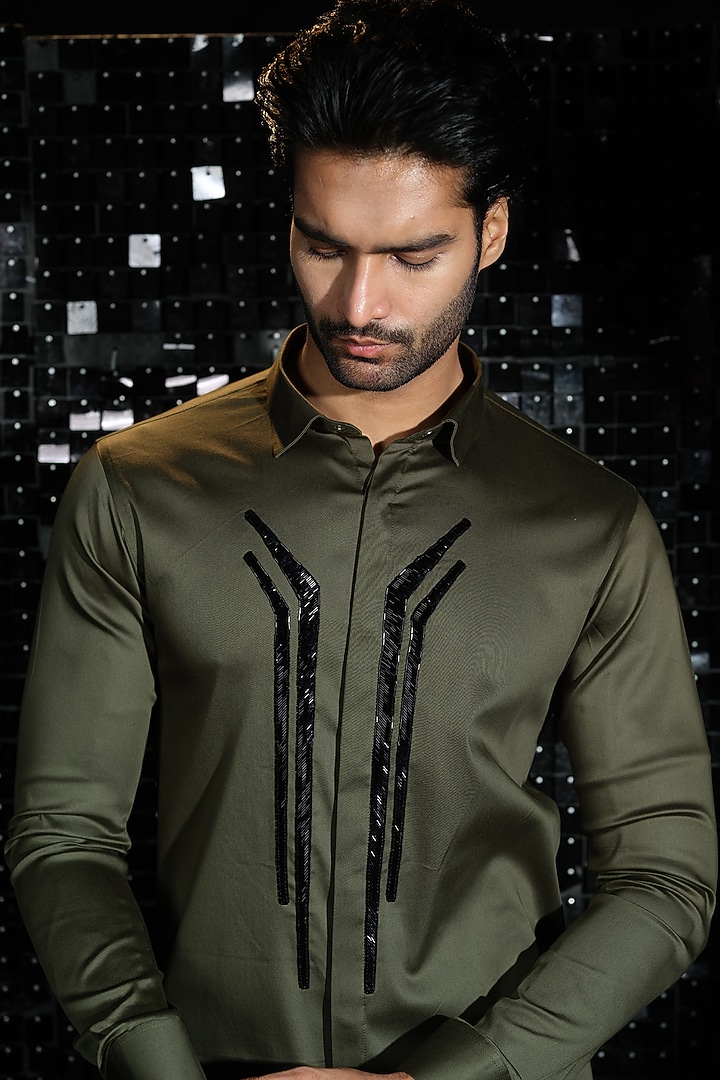 Olive Green Stretchable Cotton Hand Embroidered Party Wear Shirt by SANJANA REDDY MEN at Pernia's Pop Up Shop