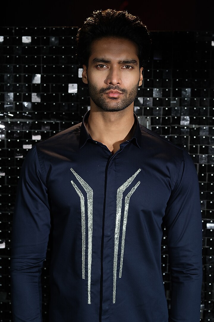 Navy Blue Stretchable Cotton Hand Embroidered Party Wear Shirt by SANJANA REDDY MEN at Pernia's Pop Up Shop