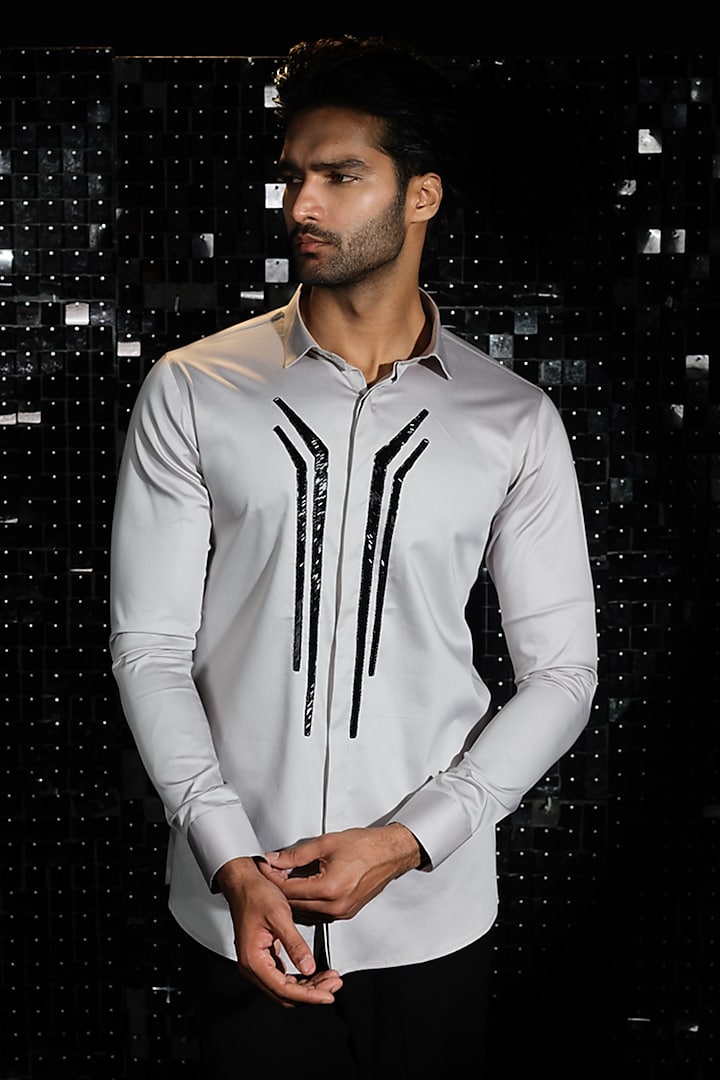 Grey Stretchable Cotton Hand Embroidered Shirt by SANJANA REDDY MEN