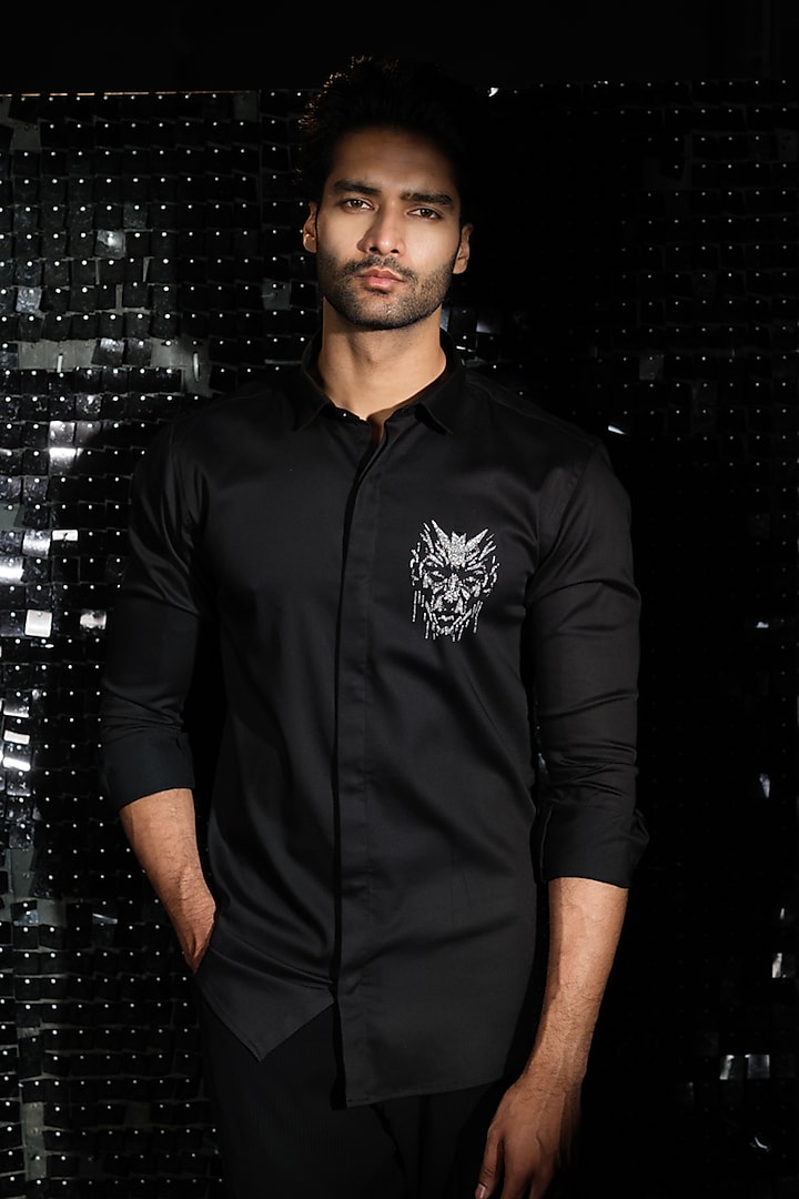 Black Stretchable Cotton Hand Embroidered Shirt by SANJANA REDDY MEN