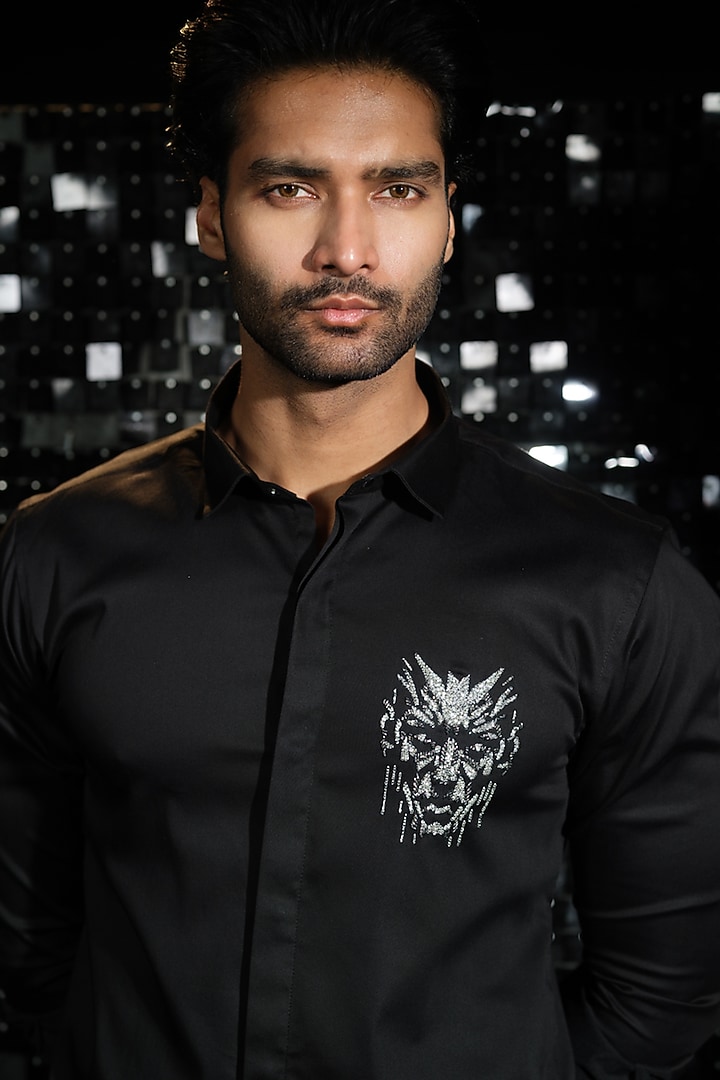 Black Stretchable Cotton Hand Embroidered Party Wear Shirt by SANJANA REDDY MEN at Pernia's Pop Up Shop