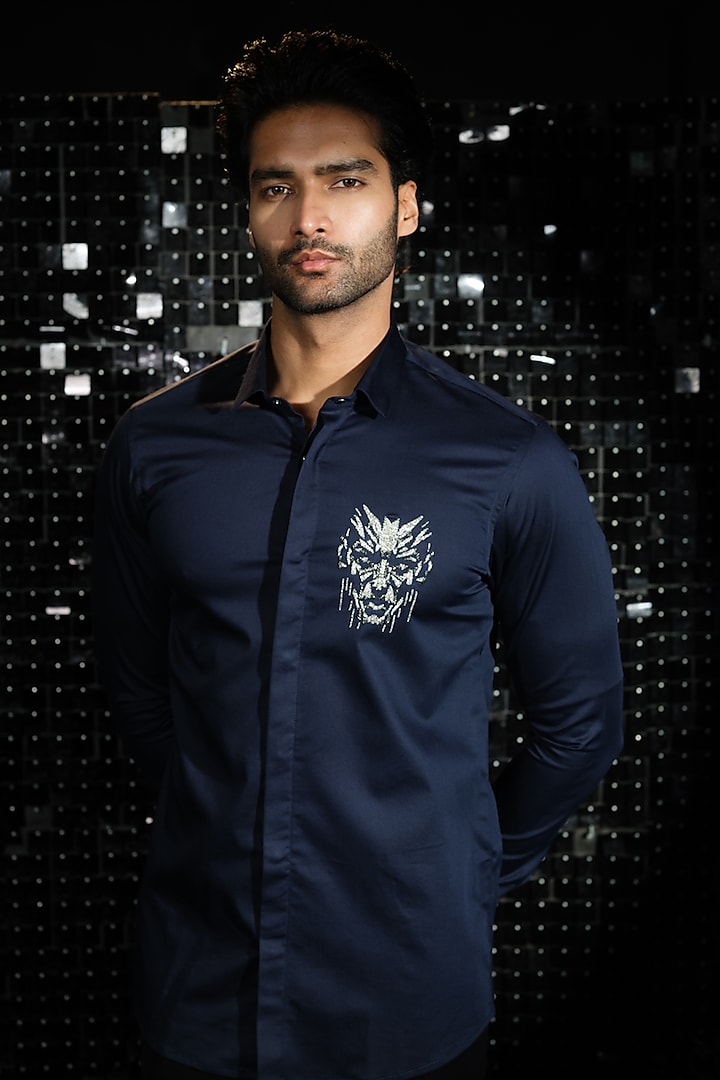 Navy Blue Stretchable Cotton Hand Embroidered Shirt by SANJANA REDDY MEN at Pernia's Pop Up Shop