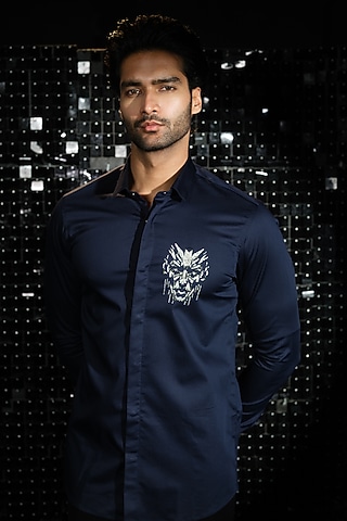 Navy Blue Stretchable Cotton Hand Embroidered Shirt by SANJANA REDDY MEN