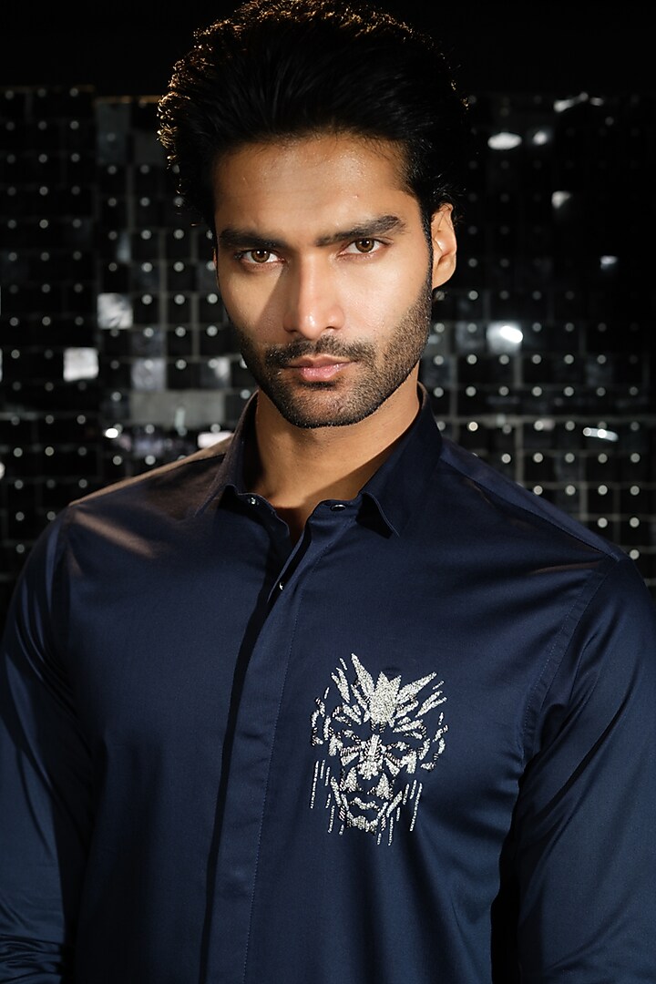 Navy Blue Stretchable Cotton Hand Embroidered Party Wear Shirt by SANJANA REDDY MEN at Pernia's Pop Up Shop