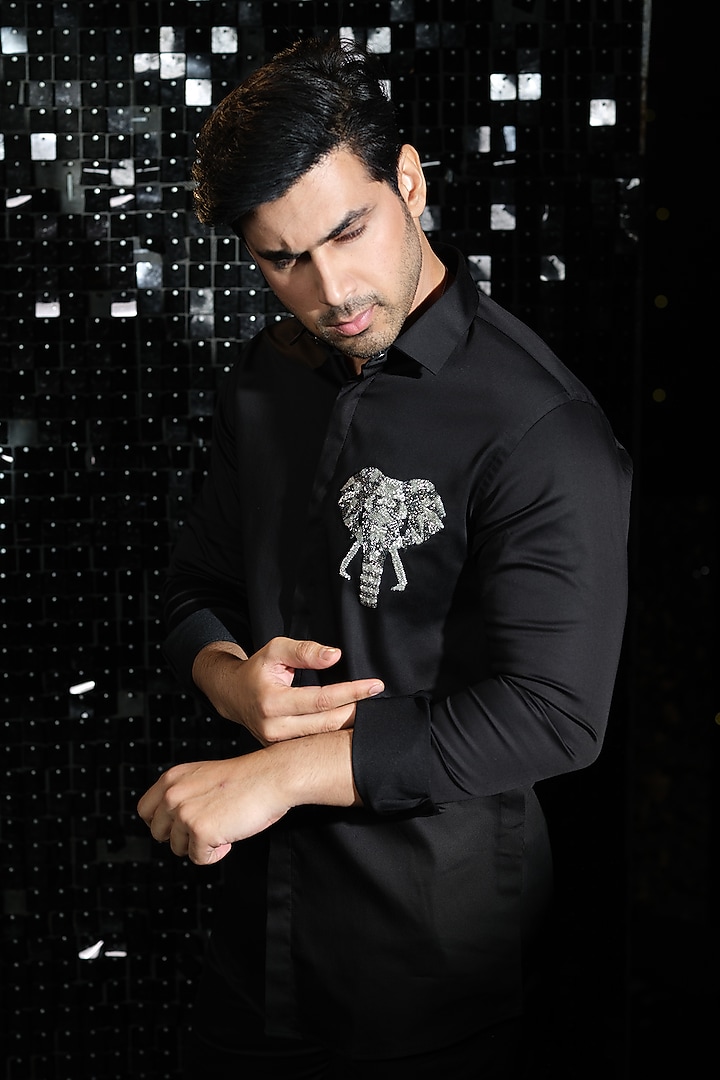 Black Stretchable Cotton 3D Elephant Hand Embroidered Party Wear Shirt by SANJANA REDDY MEN at Pernia's Pop Up Shop