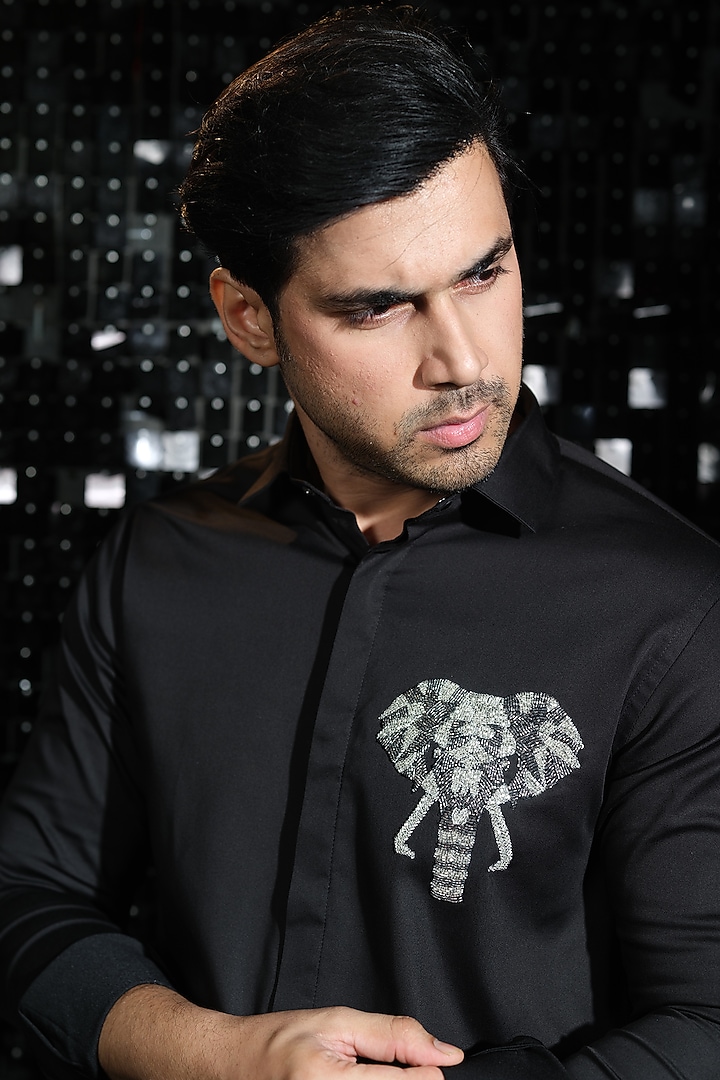 Black Stretchable Cotton 3D Elephant Hand Embroidered Party Wear Shirt by SANJANA REDDY MEN at Pernia's Pop Up Shop