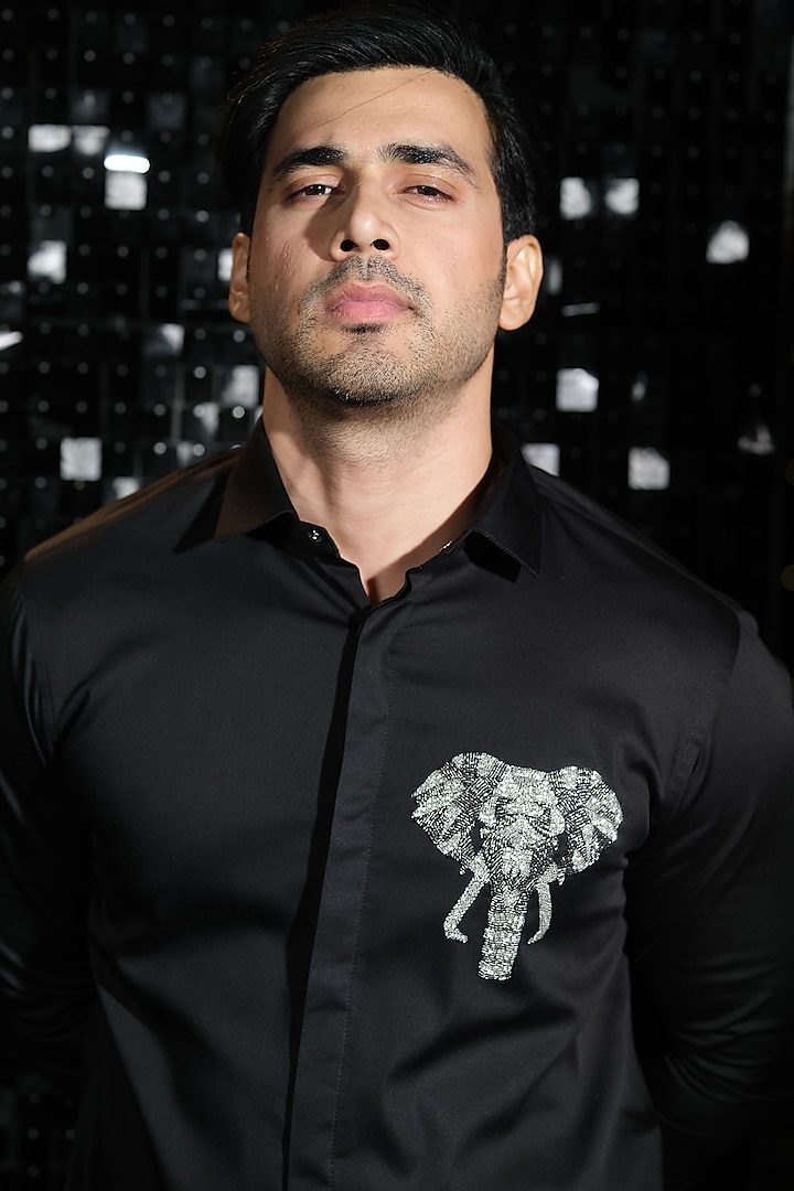 Black Stretchable Cotton 3D Elephant Hand Embroidered Party Wear Shirt by SANJANA REDDY MEN at Pernia's Pop Up Shop
