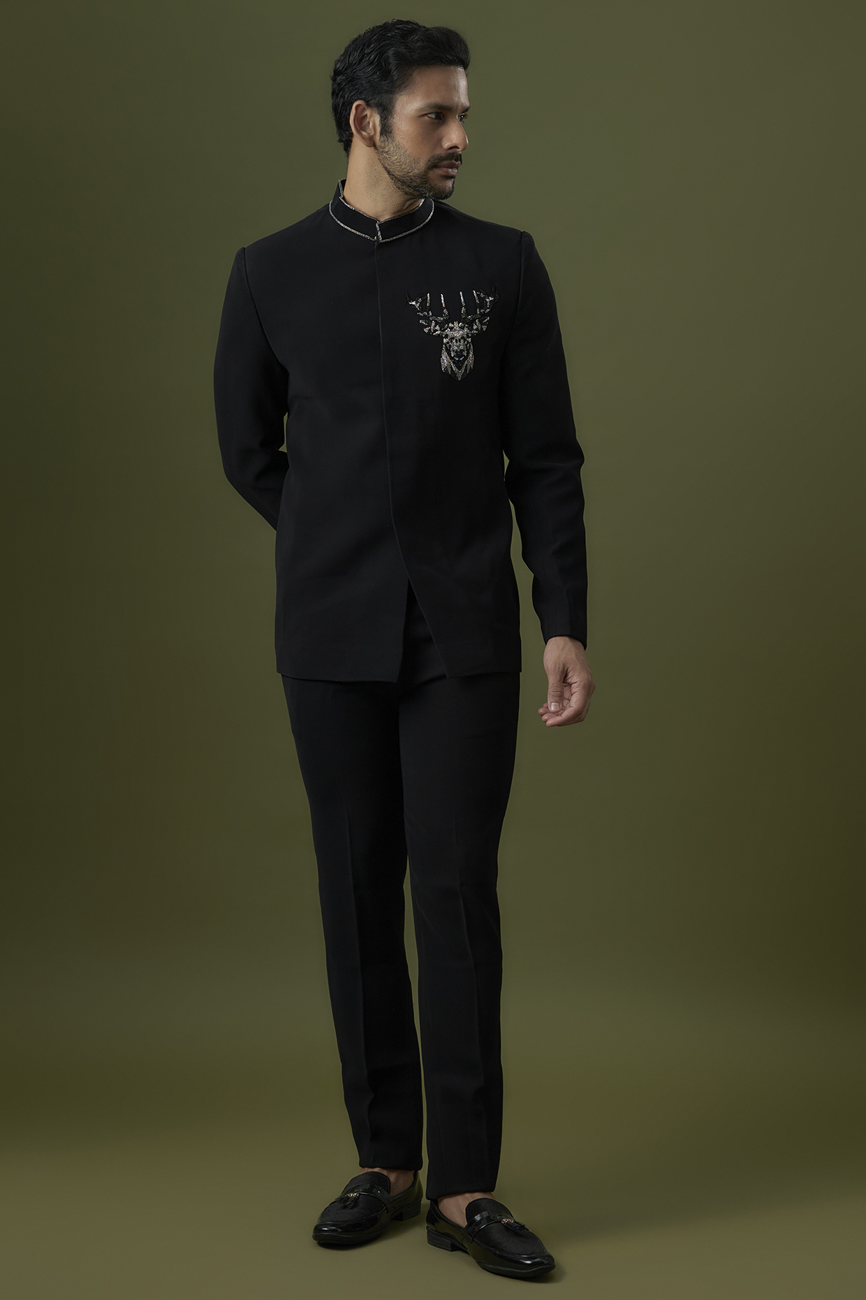 Black Poly Italian Fabric Hand Embroidered Bandhgala Set by SANJANA REDDY MEN