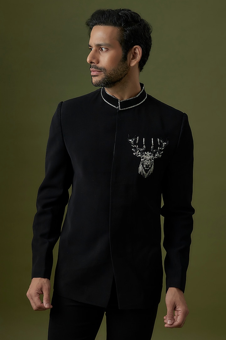 Black Poly Italian Fabric Hand Embroidered Wedding Bandhgala Set by SANJANA REDDY MEN at Pernia's Pop Up Shop