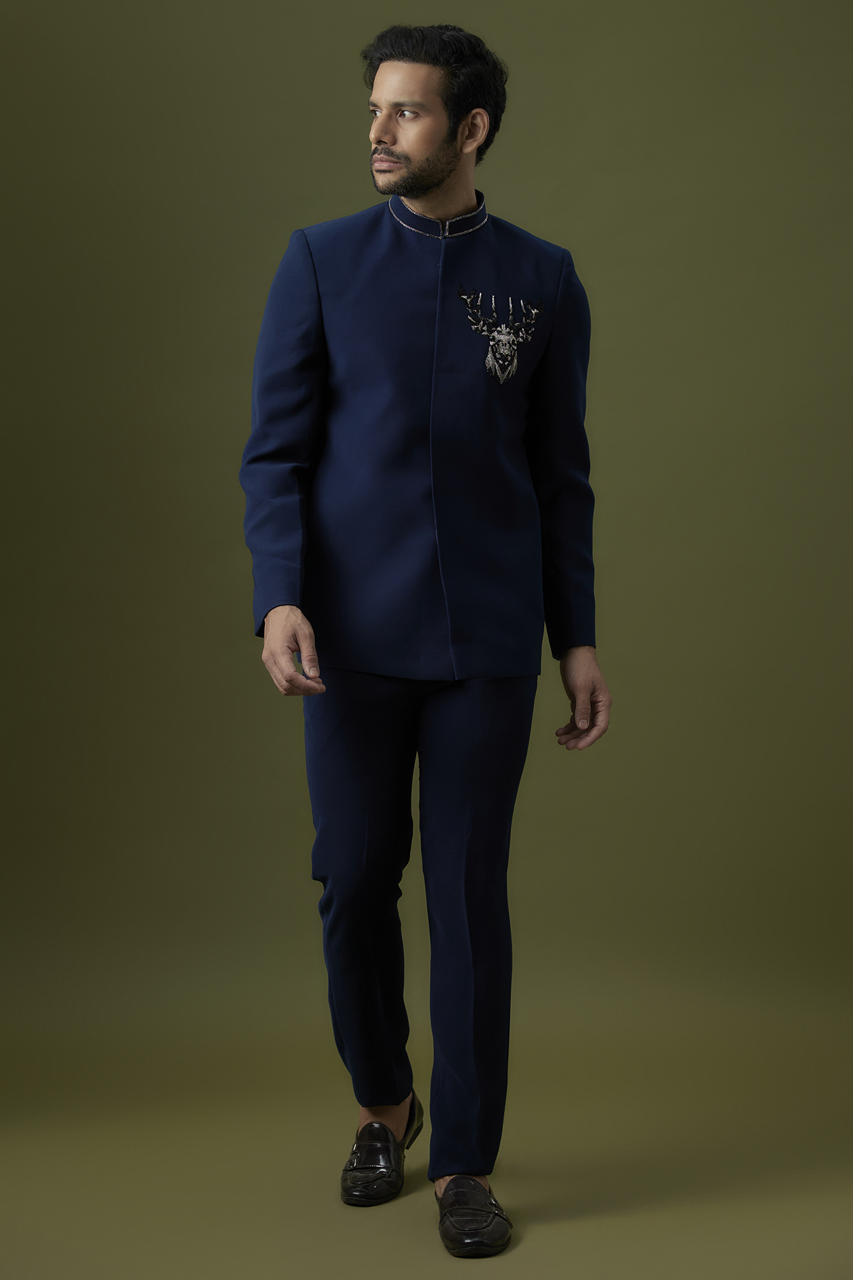 Navy Blue Poly Italian Fabric Embroidered Bandhgala Set by SANJANA REDDY MEN