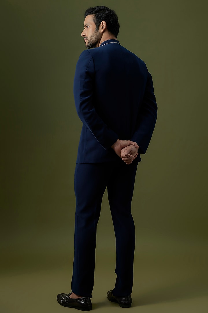 Navy Blue Poly Italian Fabric Embroidered Wedding Bandhgala Set by SANJANA REDDY MEN at Pernia's Pop Up Shop