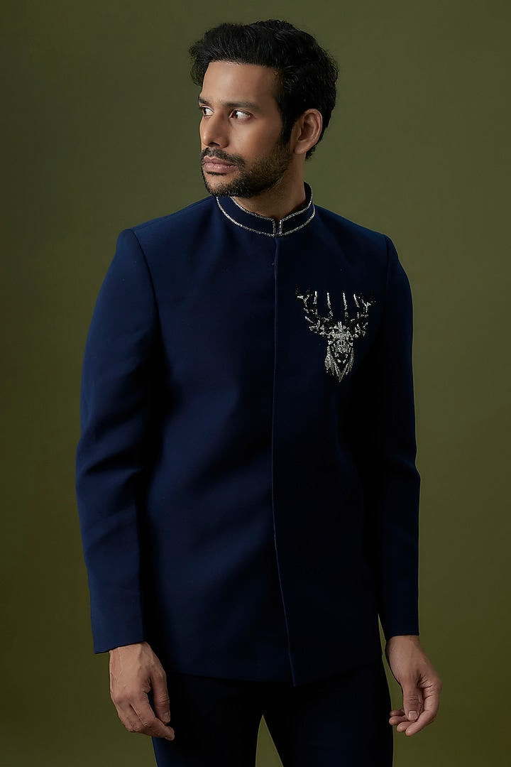 Navy Blue Poly Italian Fabric Embroidered Wedding Bandhgala Set by SANJANA REDDY MEN at Pernia's Pop Up Shop