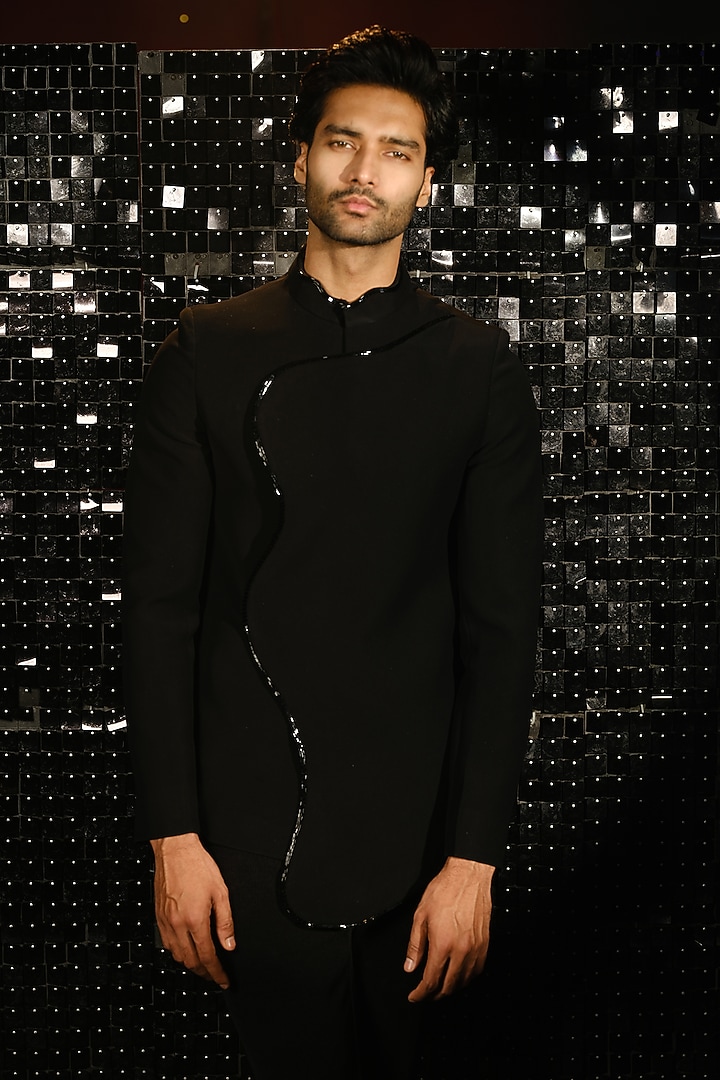 Black Poly Italian Fabric Hand Embroidered Wedding Bandhgala Set by SANJANA REDDY MEN at Pernia's Pop Up Shop