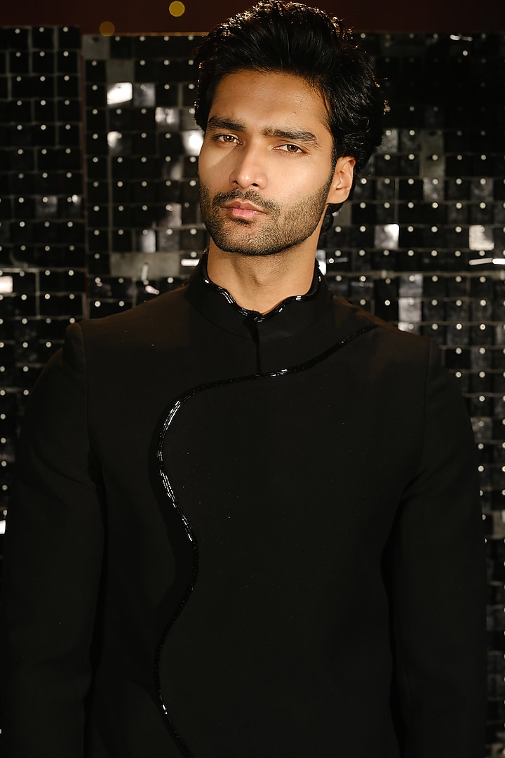 Black Poly Italian Fabric Hand Embroidered Wedding Bandhgala Set by SANJANA REDDY MEN at Pernia's Pop Up Shop