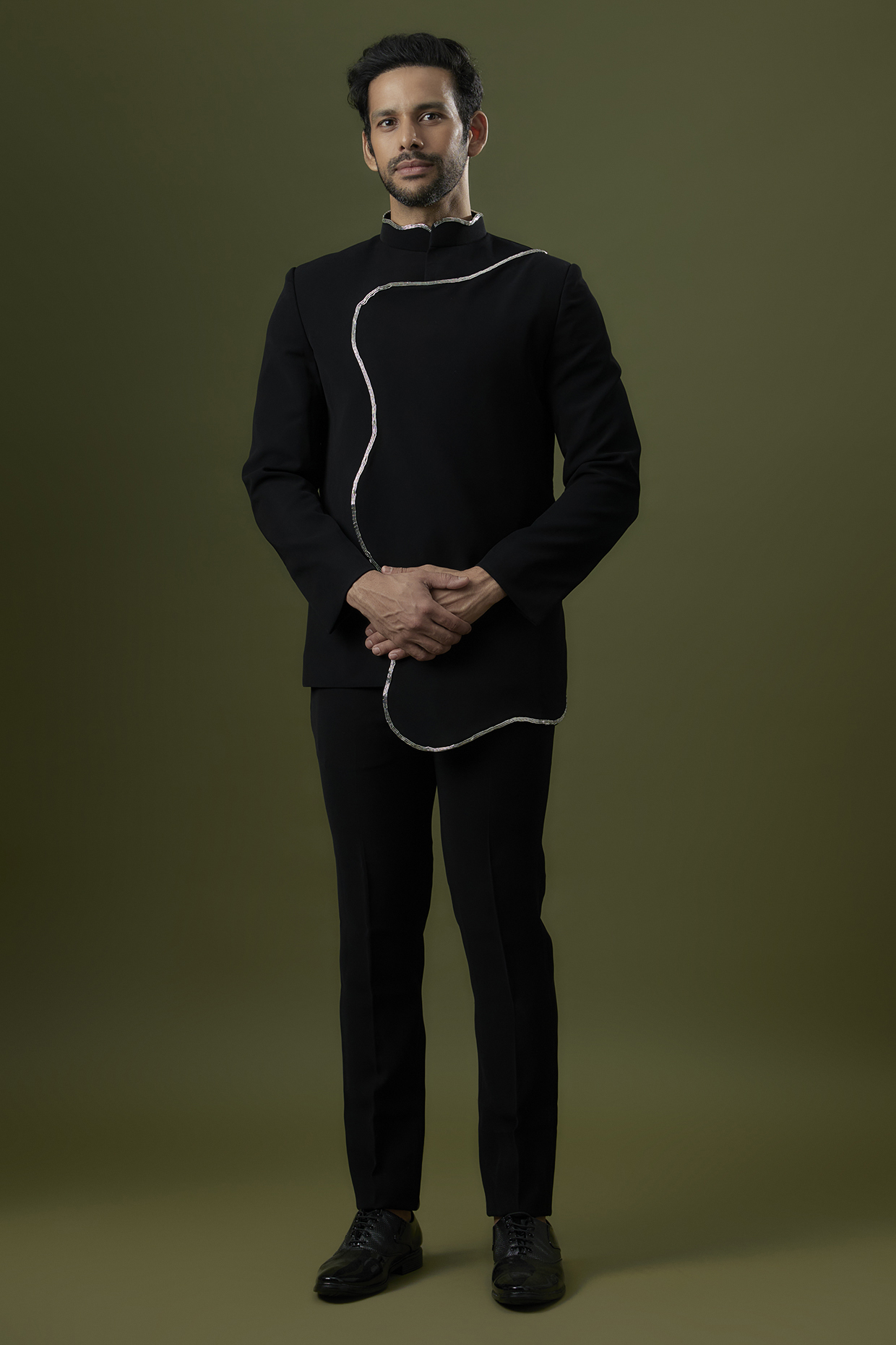 Black Poly Italian Fabric Embroidered Bandhgala Set by SANJANA REDDY MEN