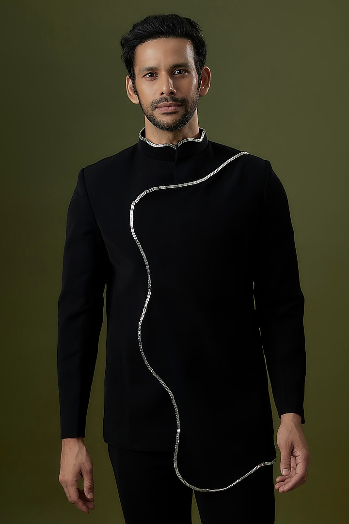 Black Poly Italian Fabric Embroidered Wedding Bandhgala Set by SANJANA REDDY MEN at Pernia's Pop Up Shop