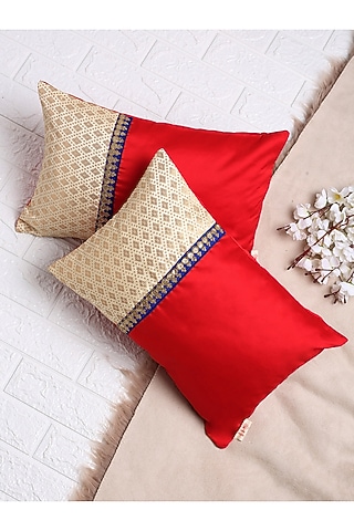 Red & Ivory Jacquard Cushion Covers (Set of 2) by Saka Designs - Home