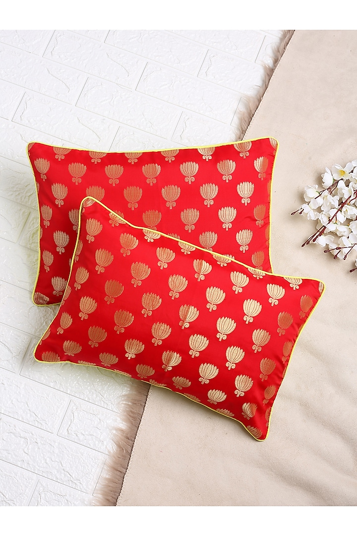 Red Jacquard Cushion Cover (Set of 2) by Saka Designs - Home