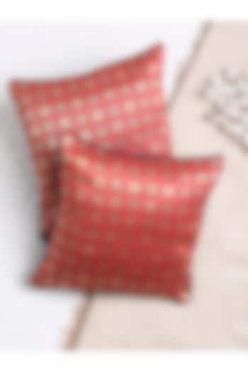 Red Zari Jacquard Cushion Covers (Set of 2) by Saka Designs - Home