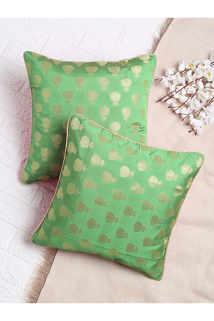 Pastel Green & Gold Cushion Cover (Set of 2) by Saka Designs - Home