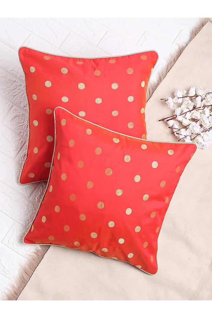 Red Gold Polka Dots Cushion Cover (Set of 2) by Saka Designs - Home