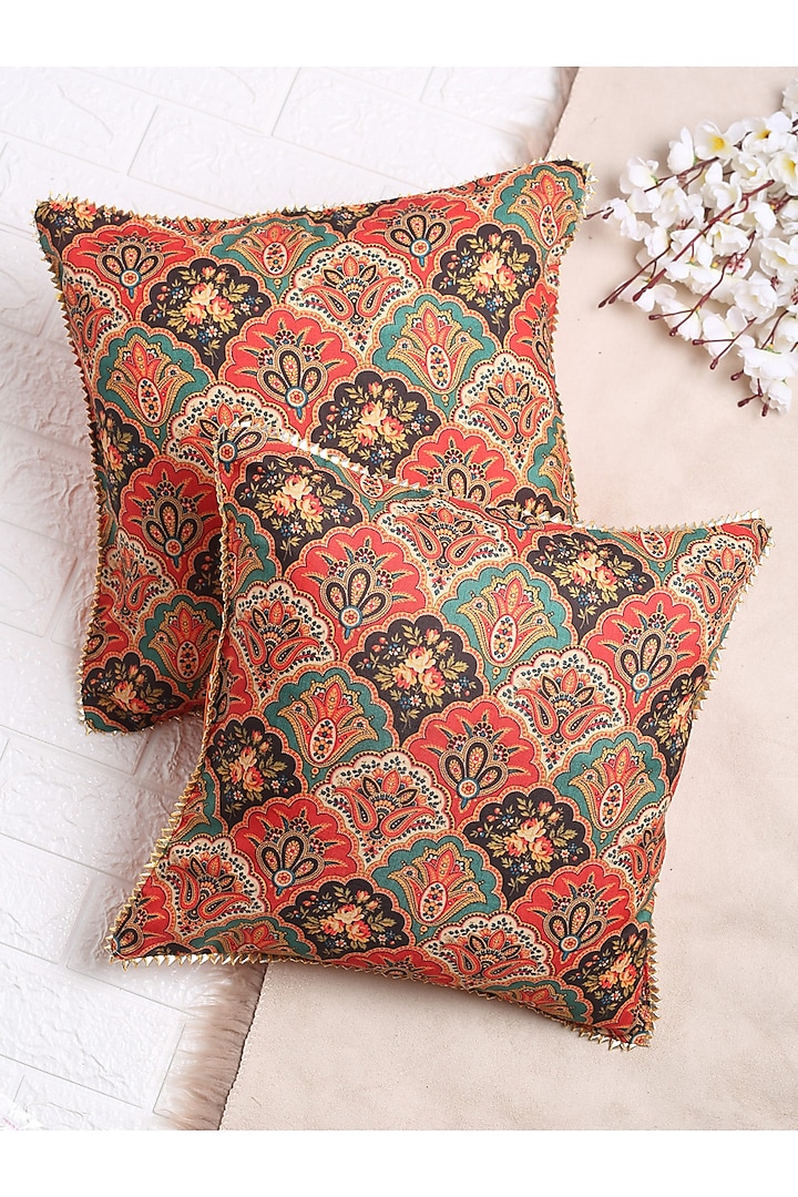 Mustard & Red Printed Cushion Cover (Set of 2) by Saka Designs - Home