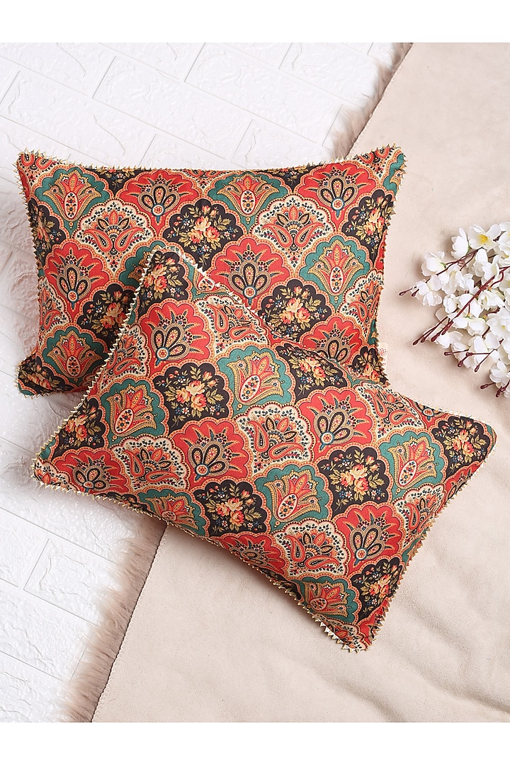 Mustard & Red Mughal Printed Cushion Cover (Set of 2) by Saka Designs - Home