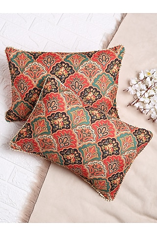Mustard & Red Mughal Printed Cushion Cover (Set of 2) by Saka Designs - Home